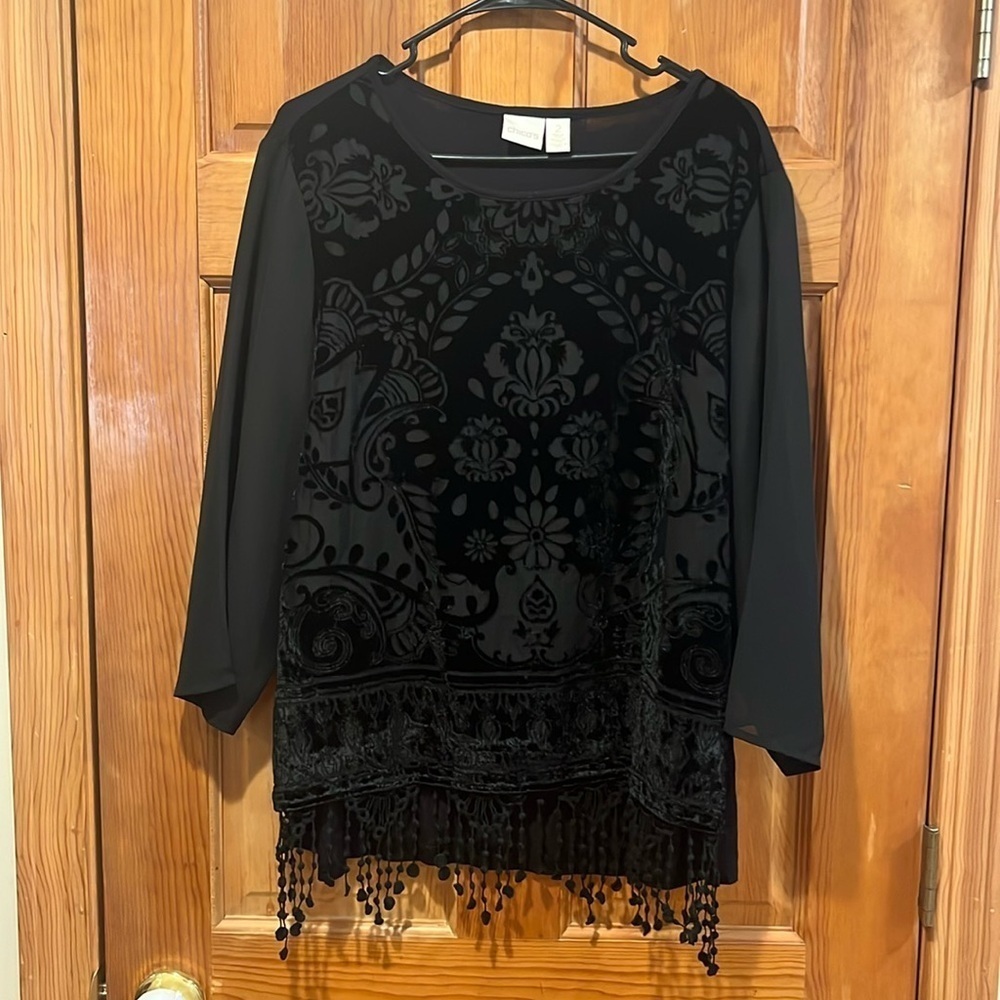 Chicos women’s black burnout velvet floral top size 2 ( L/12) .